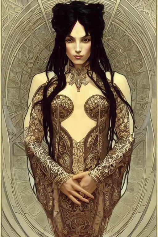 Image similar to high priestess, intricate, elegant, highly detailed, concept art, sharp focus, beautiful face!!, digital art, smooth defined outlines!!, by Brom, trending on Artstation, Alphonse Mucha