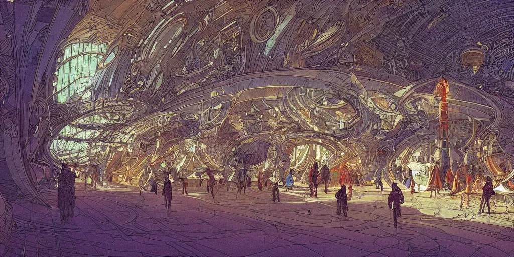 Image similar to the interior of a scifi space station with ornate elven architecture bustling with people by jean giraud moebius, crystalline, emerald, highly detailed matte illustration by moebius, clean lines, sharp focus, intricate, elegant