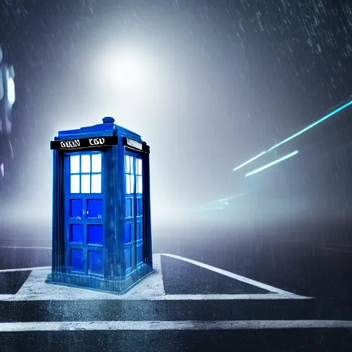 Image similar to a hyperdetailed photograph of the tardis sat on a futuristic street corner, night, dense fog, rain, hd, 8 k resolution