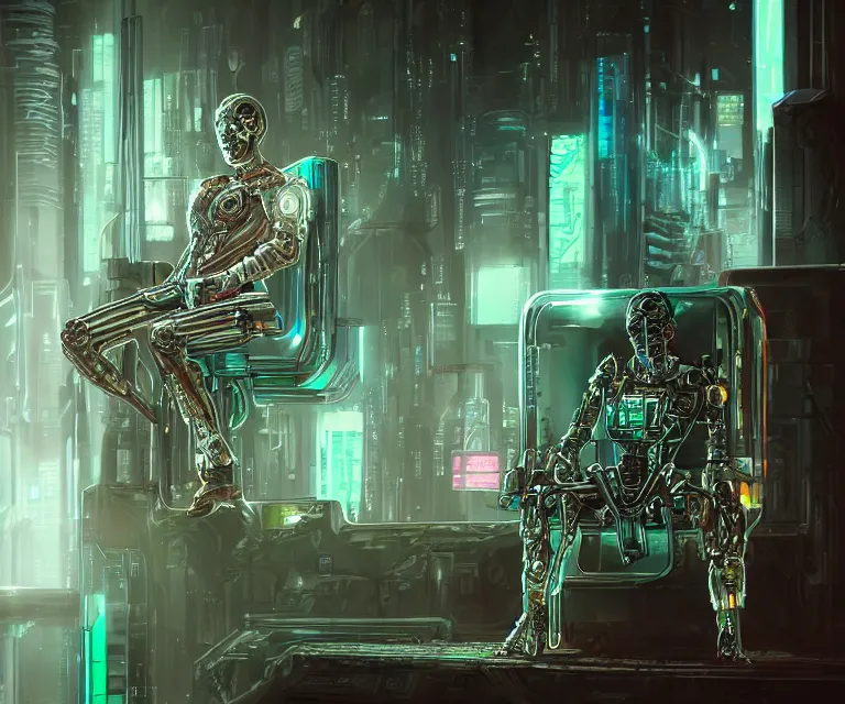 Prompt: translucent cyborg sitting on a metal throne in a futuristic castle, cyberpunk, highly detailed, sharp lines, neon lights