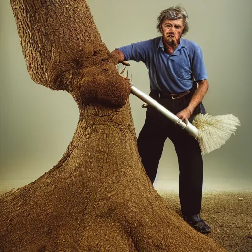 Image similar to closeup portrait of a man with a leafblower fighting a tree, by Steve McCurry and David Lazar, natural light, detailed face, CANON Eos C300, ƒ1.8, 35mm, 8K, medium-format print