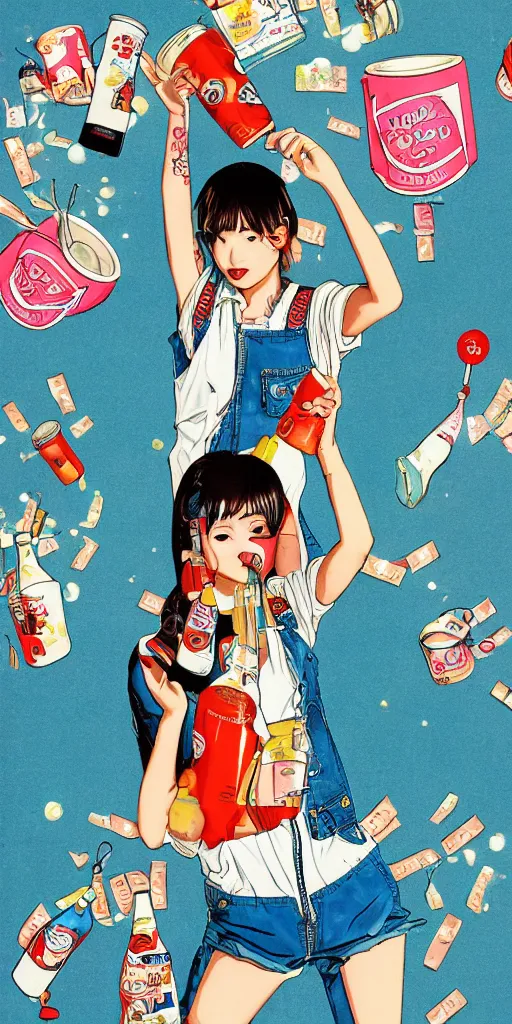 Image similar to y 2 k aesthetic japanese pop - culture magazine illustration, girl in tank - top and denim jump suit holding a can of soda near her smiling face