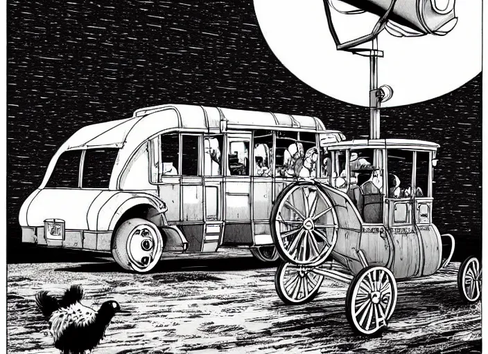 Image similar to a cell shaded cartoon of a stagecoach being pulled by two emu's from howl's moving castle ( 2 0 0 4 ), on a desert road, lamp posts, in front of a pale full moon, full body, wide shot, very dull muted colors, studio ghibli, laurie greasley, highly detailed, deviantart, art by artgem