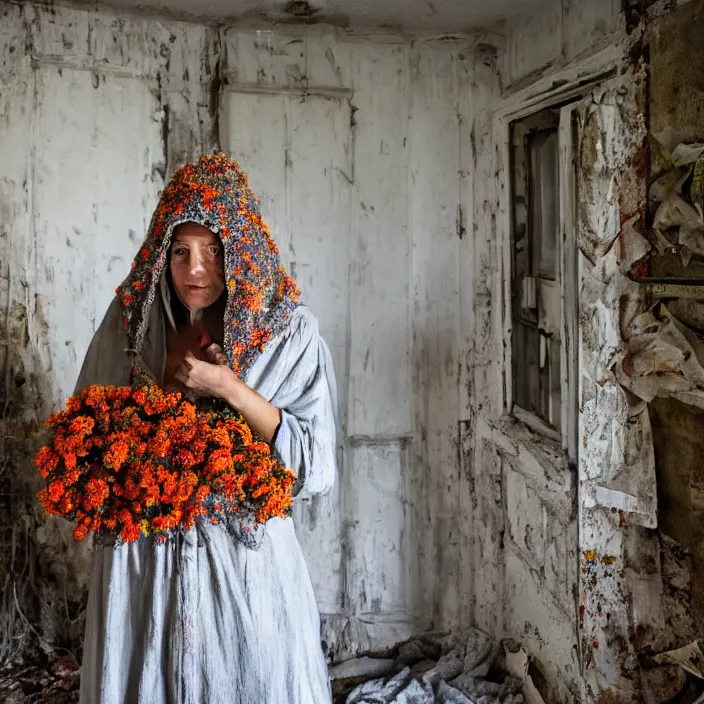 Image similar to a woman wearing a hooded cloak made of zinnias and barbed wire, in a derelict house, by Erik Almas, natural light, detailed face, CANON Eos C300, ƒ1.8, 35mm, 8K, medium-format print