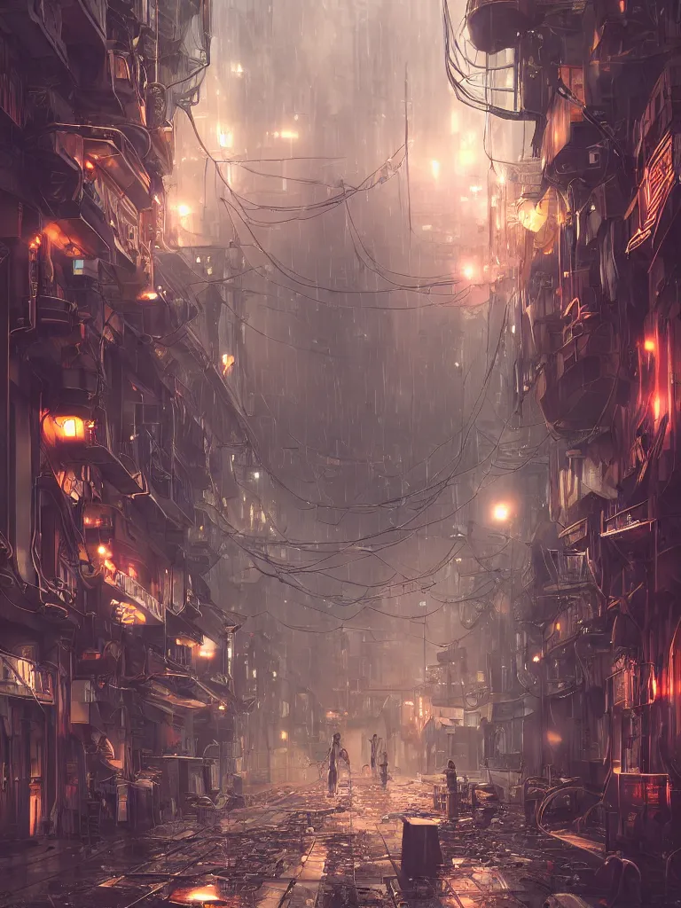 Image similar to steampunk futuristic street, hanging cables, narrow, garbage on the ground. rain. fog, haze, evening. led screens. golden hour. volumetric lighting. cables on the ground. very messy. futuristic. photorealistic. artstation. anime. studio gimbli style