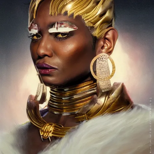 Image similar to detailed oil portrait of tall muscular shining bronze - skinned warrior cat with silver eyes, with short wavy flowing black hair and big gold earrings, jewelry, red lipstick, makeup, feminine, volumetric lighting, dynamic composition, art by sachin teng and sergey kolesov and ruan jia and heng z, scifi, concept art