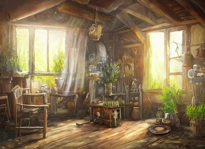 Image similar to expressive rustic oil painting, interior view of a cluttered herbalist cottage, waxy candles, wood furnishings, herbs hanging, light bloom, dust, ambient occlusion, rays of light coming through windows, dim lighting, brush strokes oil painting