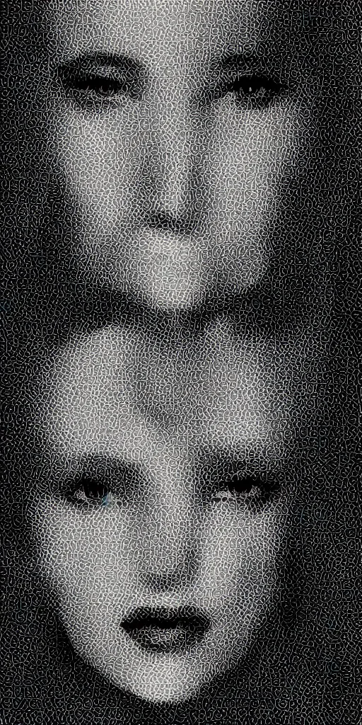 Image similar to a glitched portait of a woman, black and white, digital, distorted