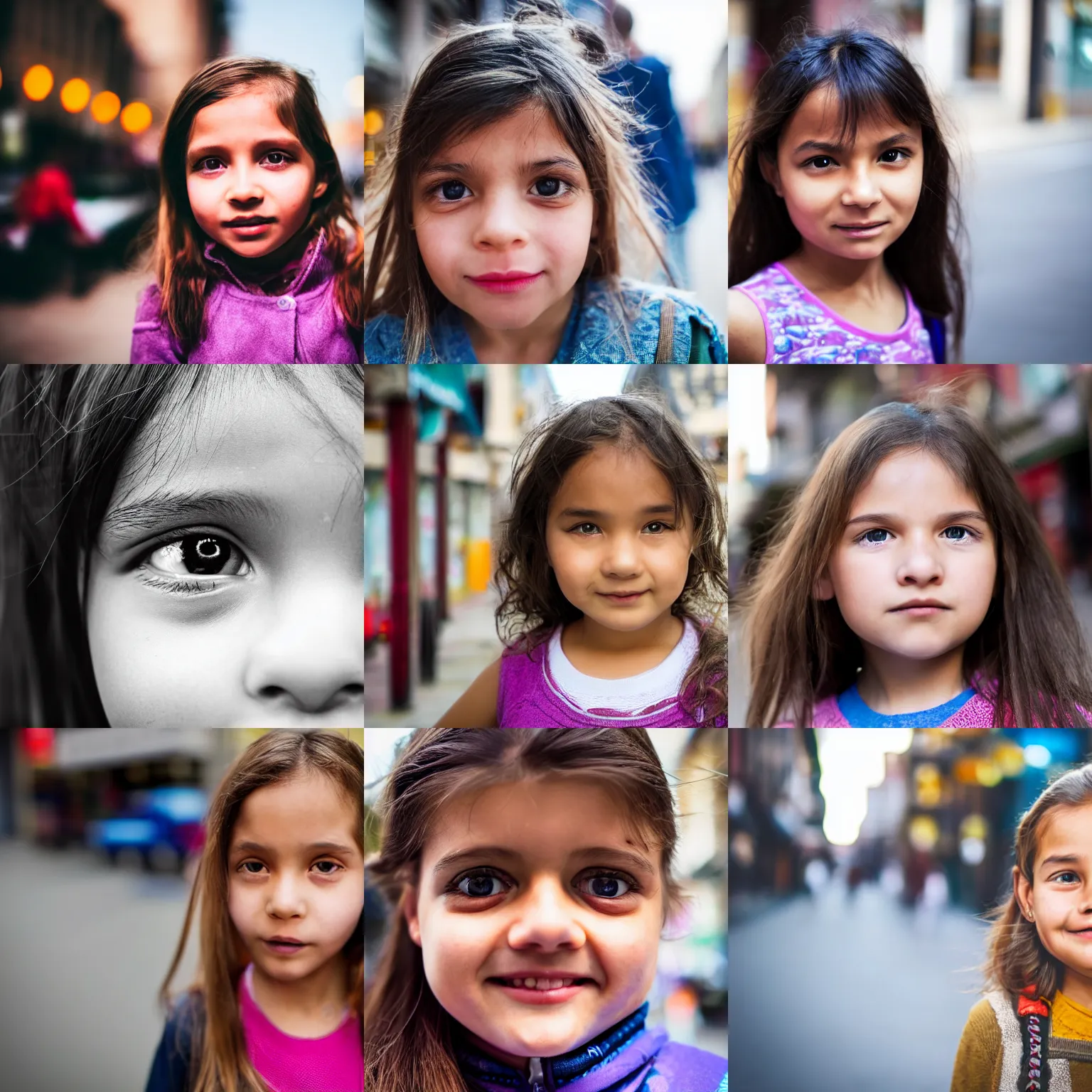 Prompt: extreme closeup photoreal portrait of curious girl standing in city street looking at camera.