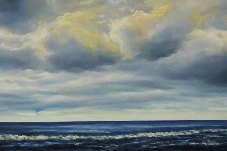 Prompt: a beautiful seascape by adrienne pavelka, big stormy sky, oil painting