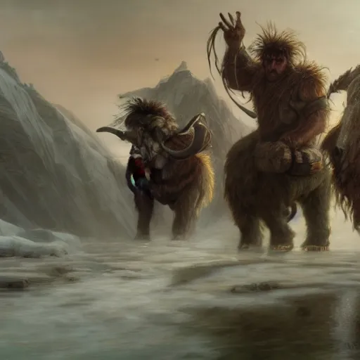 Image similar to Magic The Gathering art action shot of troll warriors riding wooly mammoths in the tundra, drawn by Donato Giancola and Tom Bagshaw, Edmund Leighton, Alphonse Mucha, 4k, volumetric lighting, intense battle scene award winning, octane render, hyperrealistic