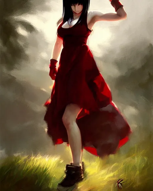 Image similar to tifa lockhart in a red cottagecore dress, portrait, illustration, rim light, top light, overcast cloudy weather, perfectly shaded, soft painting, art by krenz cushart, william turner and wenjun lin