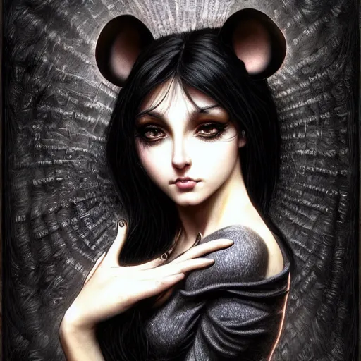 Image similar to a photograpic portrait of a anthropomorphic mouse wearing black clothes, black hair, grey skin, grey mouse ears, fantasy, intricate, elegant, highly detailed, digital painting, artstation, smooth, sharp focus, illustration, art by artgerm and H R Giger and alphonse mucha