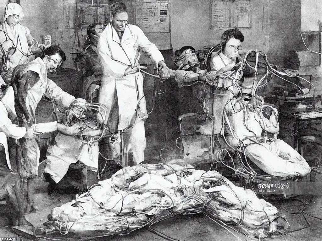 Image similar to a nurse is removing a cubic metre of compressed squid from a man's ears, the hospital is on fire, the nurse has three heads and is dressed in the skin of her father