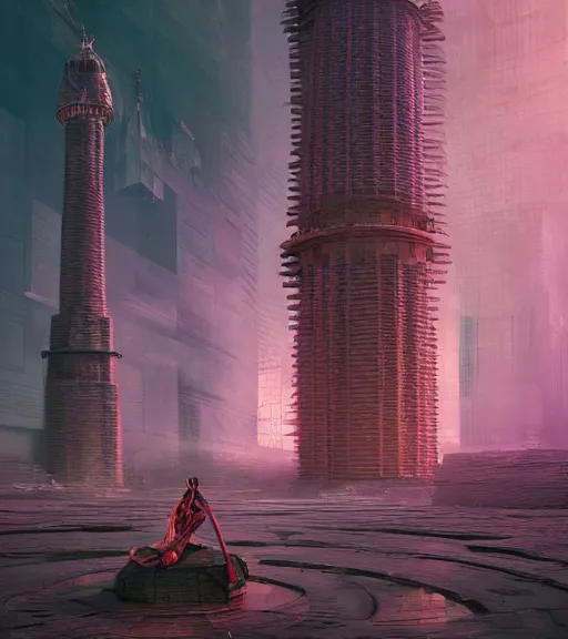 Prompt: colored, tarkovsky, majestic ancient tower of babylon city, a woman in cyber clothing, hyperrealistic, by ash thorp, full color, cyber architecture, intricate, corona render, concept art, hyper - detailed, smooth, masterpiece, epic, cinematic, high quality