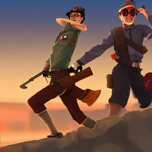 Prompt: the scout from Team Fortress 2 laughing at an anime girl while the sun sets in the background, 4k detailed digital art