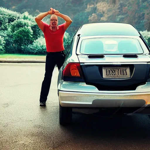 Prompt: a strong man lifting a car