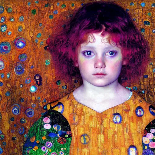 Prompt: painting of vivid colors italian child in girl of a gustav klimt wallpaper by android jones detailed matte painting 8 k