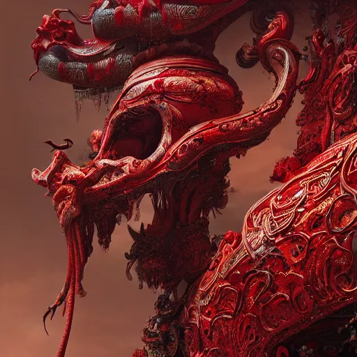 Image similar to The red alien, intricated traditional Chinese textures, rococo decorations, hyper detail, Unreal engine,Octane render, by Karol Bak