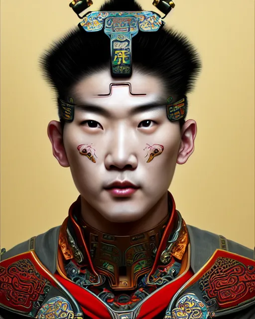 Image similar to portrait of a chinese masculine male cyberpunk machine, machine face, upper half portrait, decorated with chinese opera motifs, muscular, asian, fine china, wuxia, traditional chinese art intricate intense elegant 京 剧 highly detailed symmetry headpiece digital painting artstation concept art smooth sharp focus illustration, art by artgerm and greg rutkowski alphonse mucha 8 k