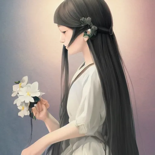 Image similar to little girl with her long black hair flower, dressed in a simple white dress, anime art style, digital artwork made by ilya kuvshinov, inspired in balthus