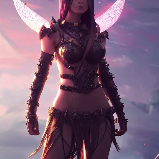 Image similar to character design, beautifull female warrior, fantasy style clothing, anime key visual, official media, illustrated by wlop, extremely detailed, 8 k, trending on artstation, cinematic lighting, beautiful, mist, photorealistic, octane render, unreal engine, hyper detailed, volumetric lighting