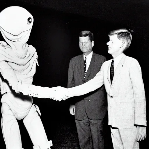 Prompt: a black and white photo of john f kennedy shaking hands with the alien from et