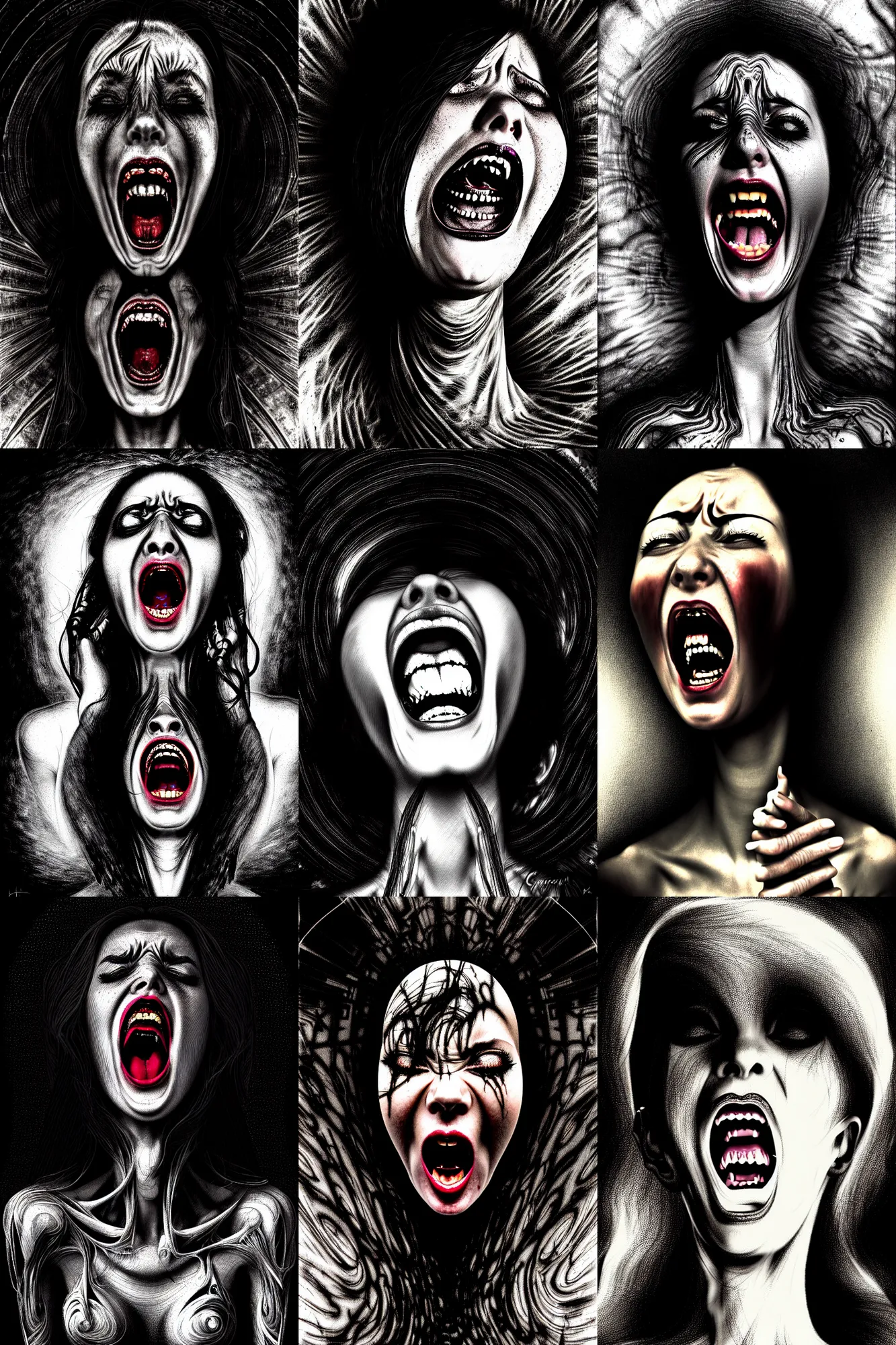 Prompt: portrait of a young woman screaming in agony!!, anger, pain. dark scribble art, speed painting, fractal, mandelbulb, lines, black on black, black and white photograph, 8 k. by caravaggio and kuciara and giger and mucha