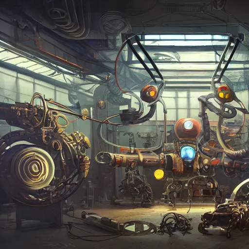 Prompt: he inside of a futuristic mechanic workshop, highly detailed interior, scrap metal on workbenches, half - finished robot, mechanical bugs in a display case, holographic screen in center frame by peter mohrbacher, trending on artstation, cryengine render, 8 k