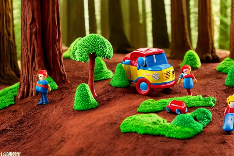 Image similar to fisher price redwood forest, california scene from tv show hyper detailed 5 5 mm 8 5 mm, toy photography