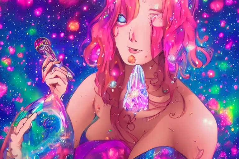 Image similar to psychedelic, whimsical, anime, 4k, beautiful lusty woman smoking a bong, with professional makeup, long trippy hair, a crystal and flower dress, sitting on a reflective pool, surrounded by gems, underneath the stars, rainbow fireflies, trending on patreon, deviantart, twitter, artstation, volumetric lighting, heavy contrast, art style of Greg Rutkowski and Miho Hirano