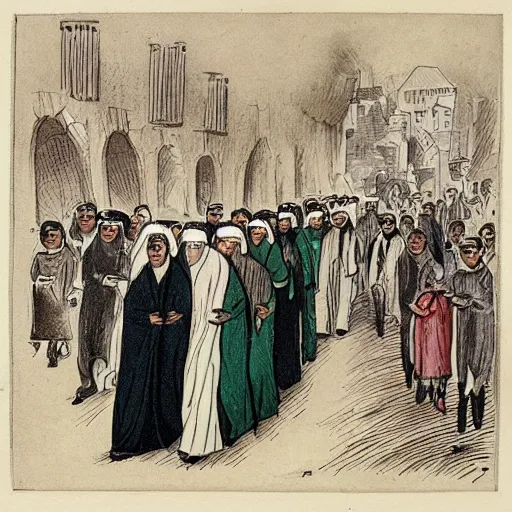 Image similar to Walk in a funeral procession, not in a marriage, arab, caricature