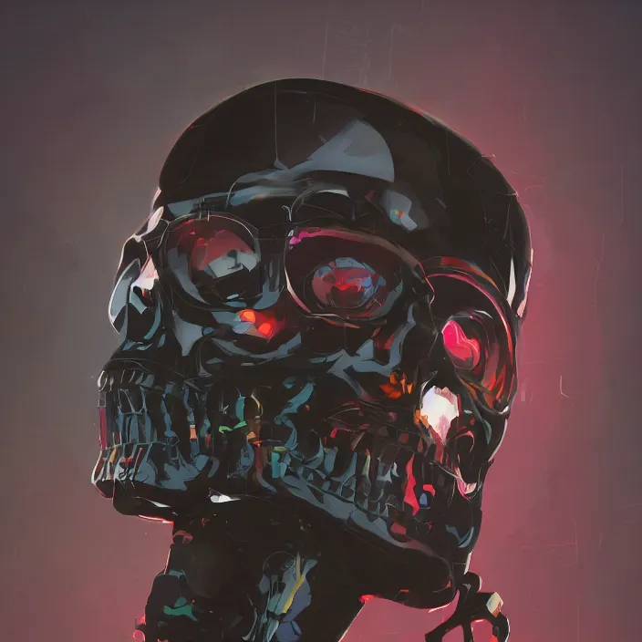 Prompt: a colorful comic noir illustration painting of a cyberpunk skull by sergey kolesov and artgerm and pascal blanche. in style of digital art, symmetry, sci fi, hyper detailed. octane render. trending on artstation