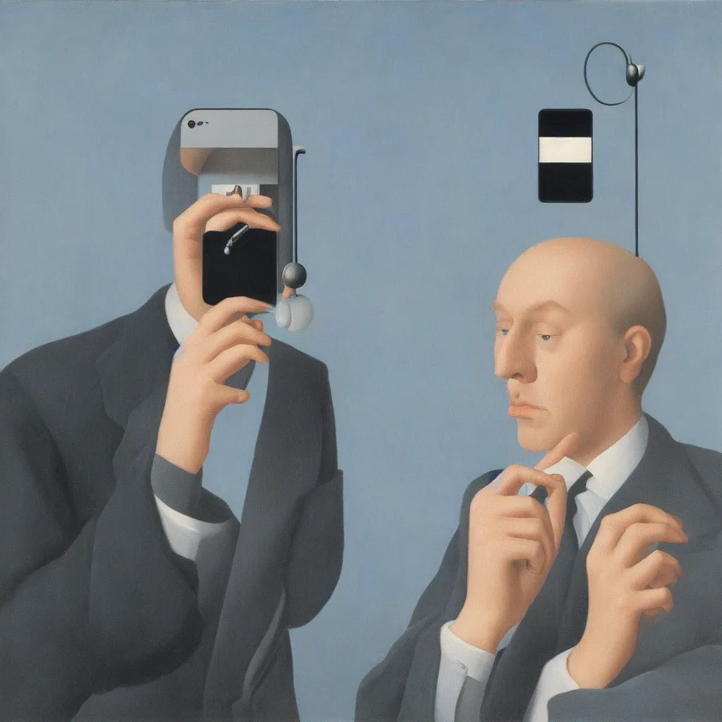 Prompt: i, a man wearing airpods pro and playing his iphone, by rene magritte