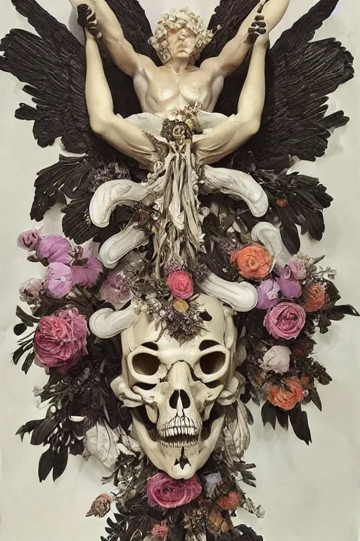 Prompt: A fallen icarus with a giant cyclops eye and golden wings in the form of a Greek sculpture, marble white elk skull, wreath of flowers and abstract eyes, bouquet of bones, many large flying eyes, silk, fabric, birds, flowers. baroque elements, human skull. full-length view. baroque element. intricate artwork by caravaggio. many many birds birds on background. Trending on artstation. halo. octane render, cinematic, hyper realism, octane render, 8k, depth of field, 3D