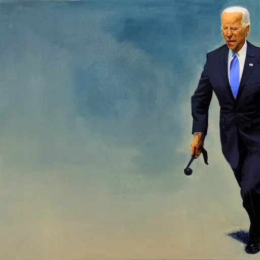 Prompt: Joe Biden with an eyepatch fighting off hordes of obese americans with a katana, action shot, dynamic pose, oil painting