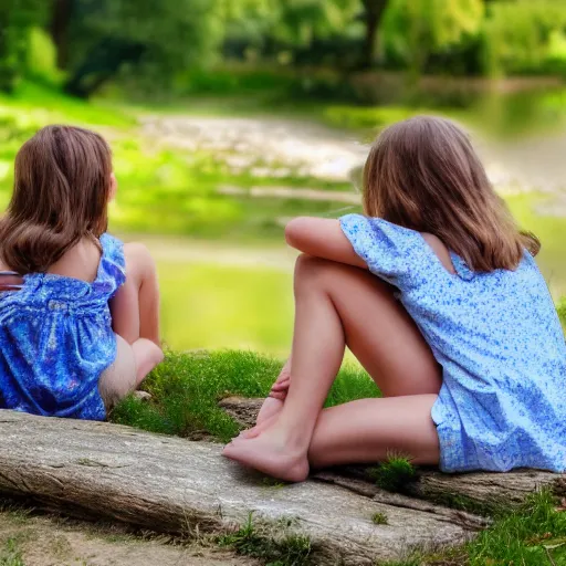 Prompt: Two sisters aged 8 to 9 sitting on the bank, relaxing on a sunny day vintage picture, hyper-realistic, clear day, 8k resolution, maximum detail