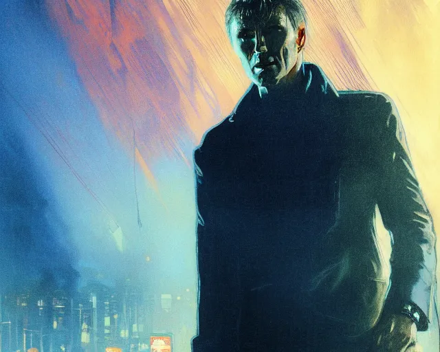 Image similar to 2 0 1 8 blade runner movie young man young clint eastwood in his youth look at the cityscape from roof perfect face fine realistic face pretty face reflective polymer suit tight neon puffy jacket blue futuristic sci - fi elegant by denis villeneuve tom anders zorn hans dragan bibin thoma greg rutkowski ismail inceoglu illustrated sand storm alphonse mucha