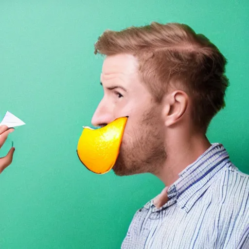 Image similar to man eating fruit made out of paper