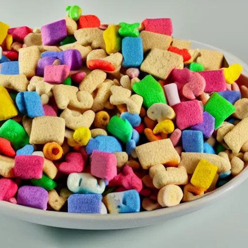 Prompt: lucky charms cereal and colorful marshmallows in the shape of crucifixes, fish, bibles, loaves of bread, and the virgin mary in a bowl