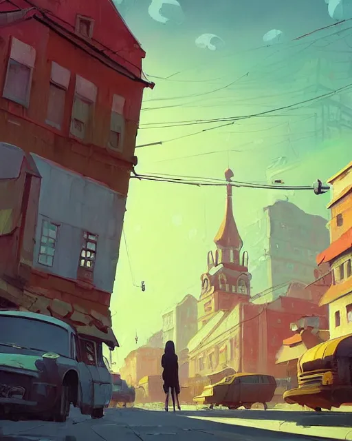 Image similar to a beautiful painting of old soviet city, by simon stalenhag, cory loftis, james gilleard, atey ghailan, makoto shinkai, goro fujita, studio ghibli, rim light, exquisite lighting, clear focus, very coherent, plain background, soft painting