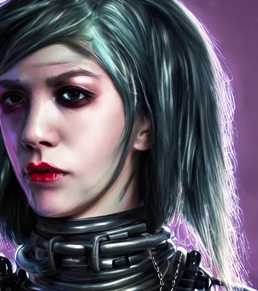 Image similar to detailed realistic female character cyberpunk wearing thick steel collar around neck, realistic, art, beautiful, 4K, collar, choker, collar around neck, punk, artstation, detailed, female, woman, choker, cyberpunk, neon, punk, collar, choker, collar around neck, thick collar, tight around neck, punk,