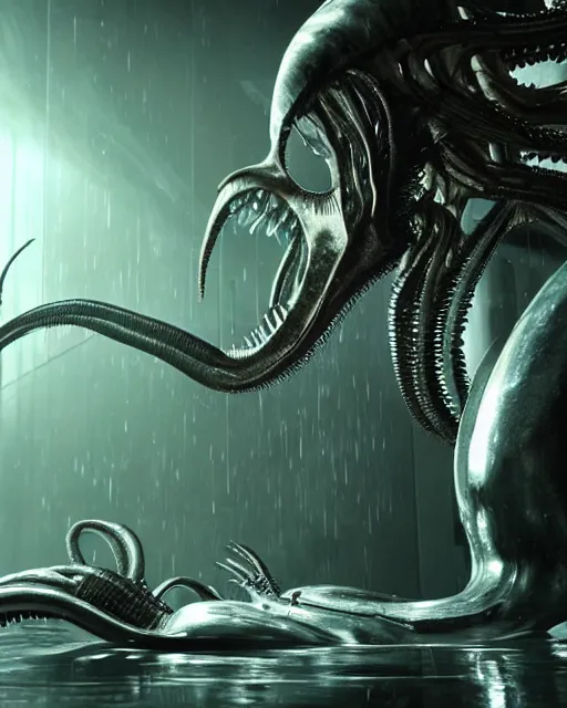 Image similar to cinematic full - body - shot still of kim kardashian being mouth fed by an xenomorph in a transparent alien liquid, wet flowing hair, gooey skin, illustration, unreal engine 5, 8 k, made by h. r. giger.