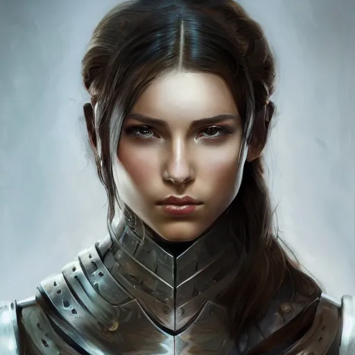 Image similar to a portrait of an attractive young woman, clothed in battle armor, olive skin, long dark hair, beautiful bone structure, symmetrical facial features, intricate, elegant, highly detailed, digital painting, trending on Artstation, concept art, smooth, sharp focus, illustration, in the style of artgerm and alphonse mucha