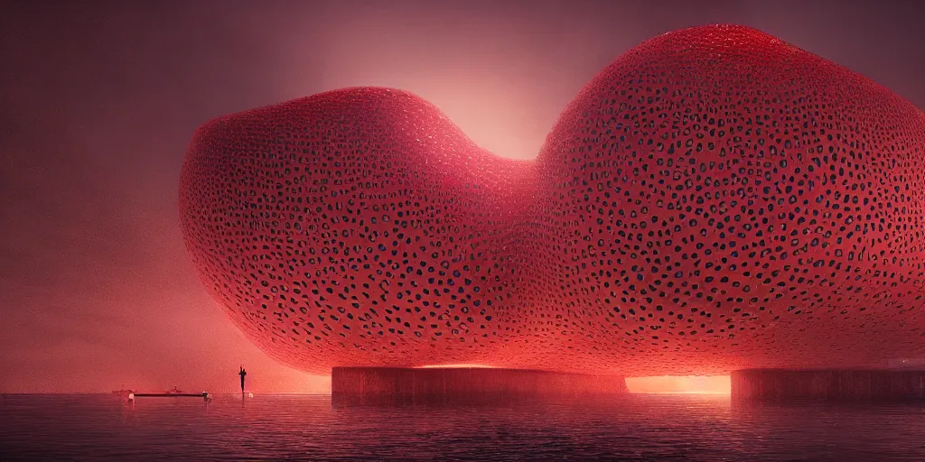 Image similar to An epic architectural rendering of a blob shaped trypophobia house with a mysterious red glow emitting from inside in a modern cityscape next to a river, by Zaha Hadid and Greg Rutkowski, tunning, gorgeous, golden ratio, photorealistic, featured on artstation, 4k resolution