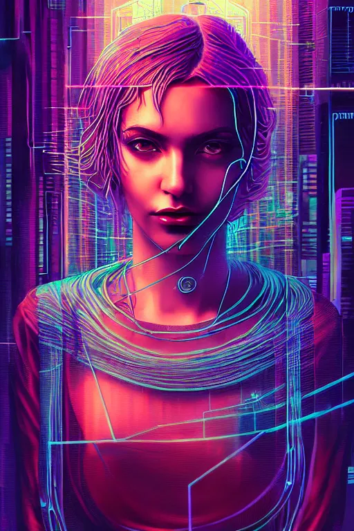 Image similar to dreamy cyberpunk girl, abstract smoke hair, digital nodes, computer network, beautiful woman, detailed acrylic, grunge, intricate complexity, by dan mumford and by alberto giacometti, anna dittmann