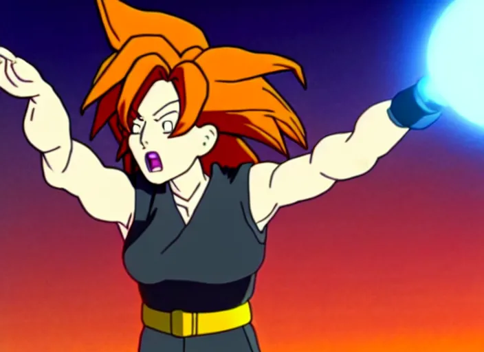 Prompt: an animation still of dana scully going super saiyan, in the style of studio ghibli, netflix animation, toei animation, filmation animation, traditional animation, sharp detail, animation cel