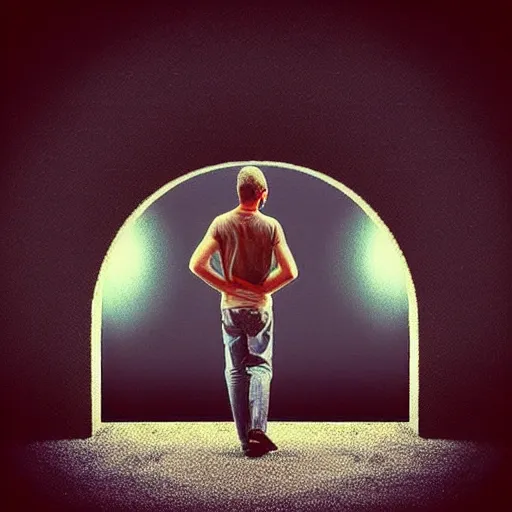 Prompt: “a man stepping through a portal into a parallel world”