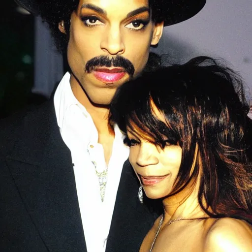 Image similar to a photo of prince looking at mayte garcia in low light. it's so dark, you can barely make out their features.