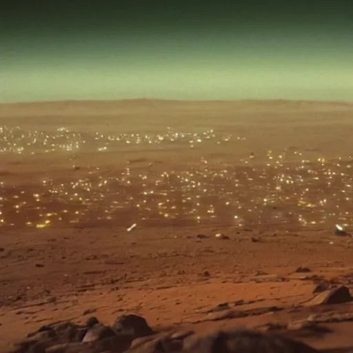 Image similar to 35mm film still blade runner set on Mars in an neon city, domes made of glas